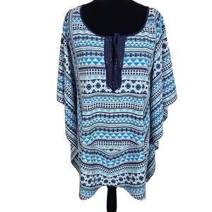 Lane Bryant Women's Blue White Geometric Beaded Tie Poncho Kimono Blouse 18/20